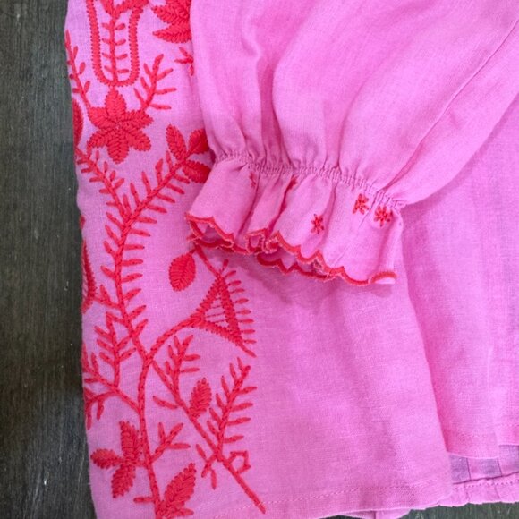 Tallulah Kate Boutique Bright Pink Linen/Cotton Embroidered Peasant Blouse SZ S - Picture 7 of 11